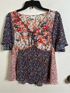 Anthropologie HD in Paris Mixed Floral Print Patchwork Tie-Front Flowy Blouse